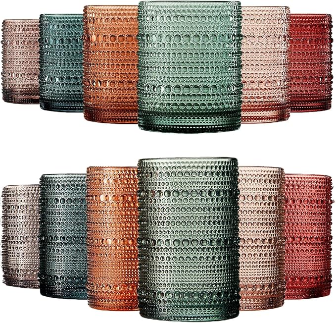 Hobnail Highball Glasses, Vintage Beaded Tumblers Set of 12, 14 & 11 oz | Vintage Beaded Design, Embossed Bubble Texture, Comfortable Grip, Ideal for Water, Whiskey, Cocktails, Wine & Mixed Drinks, by Khen