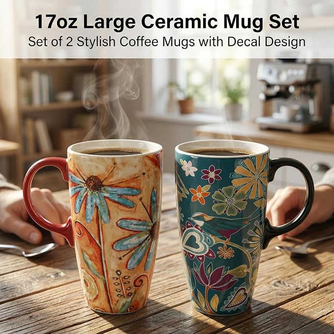 Topadorn Set of 2 Ceramic Travel Mugs with Lid, 17oz Ceramic Coffee Mug | Colorful Folk Art Floral & Bird Design, Microwave & Dishwasher Safe, Gift Boxes Included - Image 4