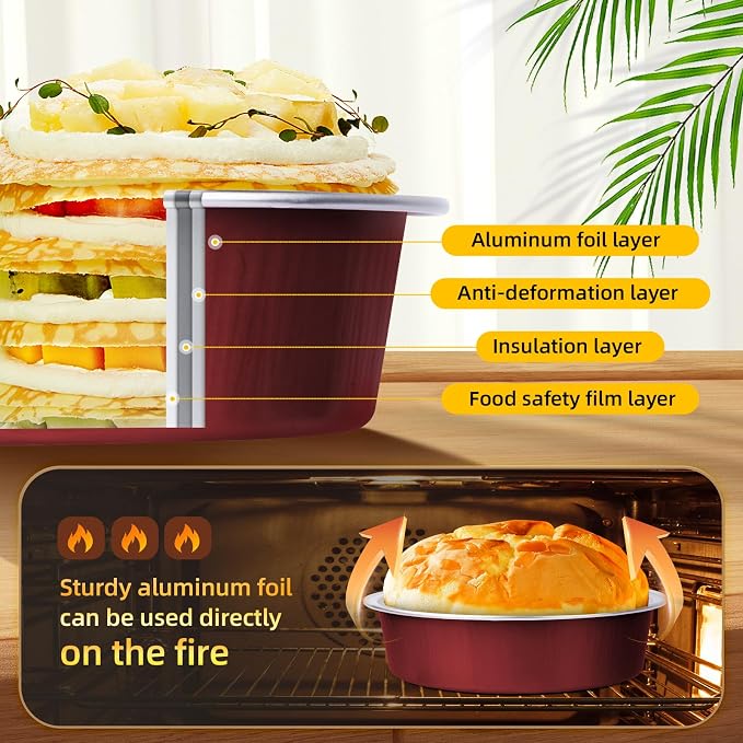 Beasea Disposable Mini Pie Tins with Lids, 120 Pack 4” 7.3oz 215ml Small Round Aluminum Baking Tart Foil Container for Individual Dessert Cupcake Cheesecake Ramekin Quiche Oven Dishes - Wine Red - Image 3