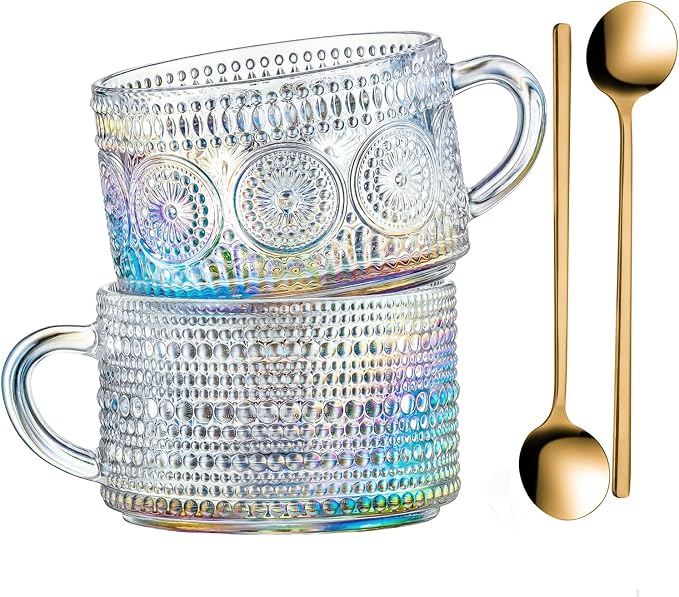 Gezzeny Vintage Glass Coffee Mugs 14 Oz Set of 2 Iridescent Embossed, Tea Cups,Glass Coffee Cups for Cappuccino, Latte,Cereal, Yogurt, Beverage Christmas Thanksgiving Day Gifts by Gezzeny