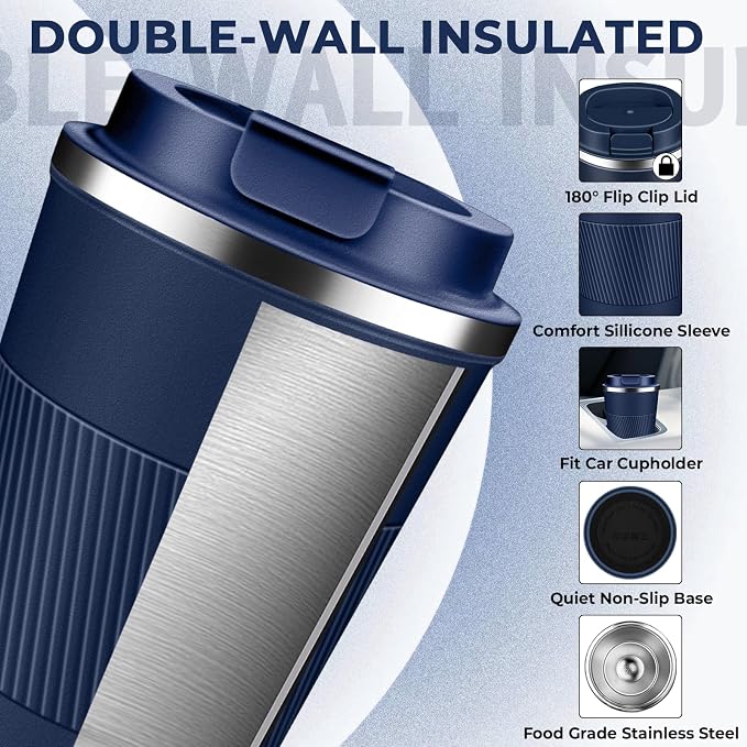 Insulated Coffee Tumbler 12 oz, Stainless Steel Coffee Mug with Lids, Travel Coffee Mug Leak Proof, Double Wall Vacuum Insulated Reusable Coffee Cup, Keep Drinks Hot and Cold (Navy Blue, 12 Ounces) - Image 4