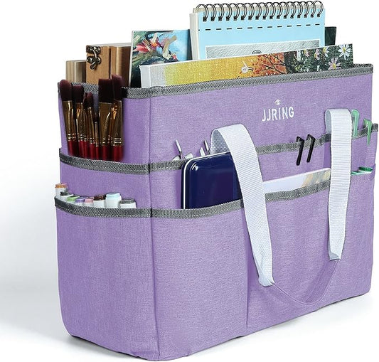 JJRING Craft Organizer Tote Bag, Large Art Storage Caddy with Multiple Pockets, Lilac Sewing Bag for Art, Craft, Scrapbooking, School, Medical, and Office Supplies Storage