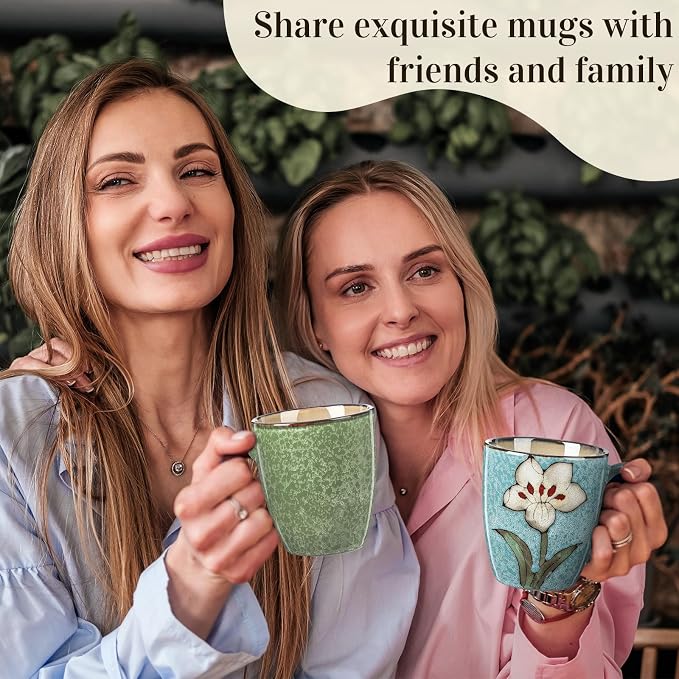 Maxdot 2 Pcs 12oz Ceramic Coffee Mugs Sets Glazing Process Cappuccino Mug Floral Ceramic Tea Cups Idea Gift Set for Women Porcelain Cup for Coffee, Cocoa, Tea, Latte (Retro) (Fresh) - Image 6