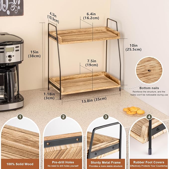 ANBOXIT Countertop Coffee Station Organizer, 2 Tier Wooden Shelf | for Coffee Bar Accessories, Condiment Storage Caddy for Kitchen, Home, Office - Brown - Image 2