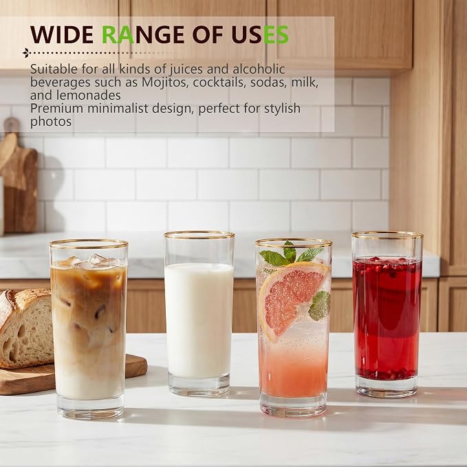 Highball Glasses, Gold Rim Crystal Glassware, 16 oz, Set of 6 | Elegant European Tall Highball Glasses for Water, Juice, Mojitos and Cocktails, Perfect for Everyday Use - Image 2