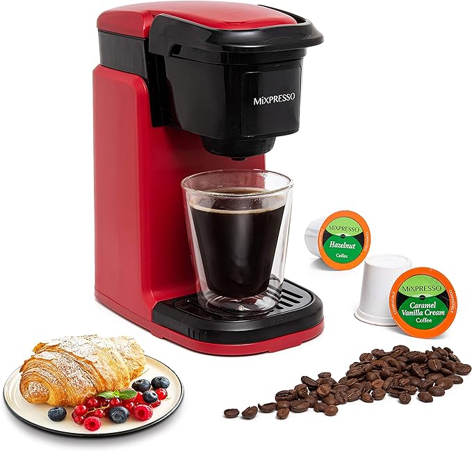 Mixpresso Single Serve Coffee Maker K Cup Coffee Maker for K Pods & Grounds | Compact 800W Red Coffee Machine with 12 Oz Water Tank, Fast Brew & Auto Shut-Off, Small Design for Travel, Office, RV & Dorm by Mixpresso