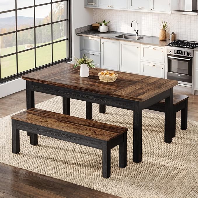Tribesigns Farmhouse Kitchen Table Set for 4-6, 55-Inch Wooden Dining Table with 2 Benches, Space Saving 3 Pieces Heavy Duty Dinette for Dining Room, Kitchen, Small Space (Black-Brown) - Image 6