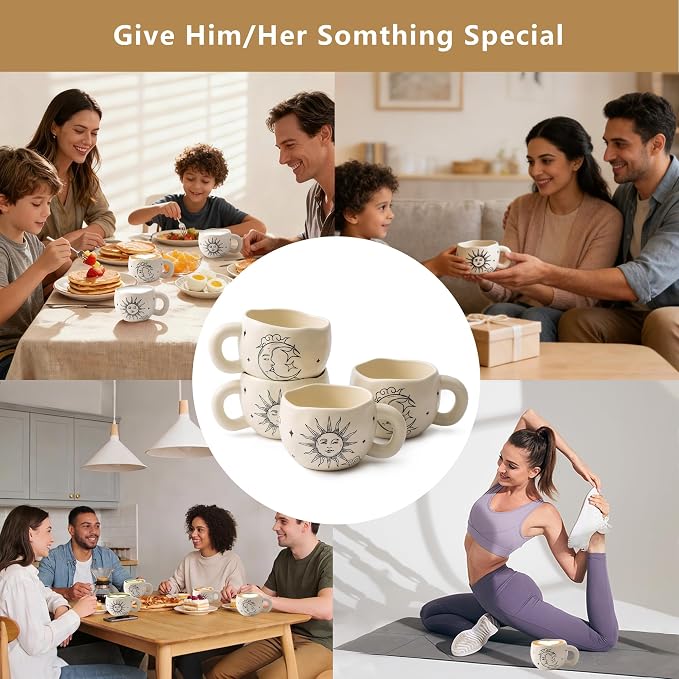 4pcs Boho Style Ceramic Moon and Sun Mugs, 9.4OZ Cute Coffee Cup Set, Matte Cream Color, Dishwasher Safe, Gift for Women/Couples - Image 8