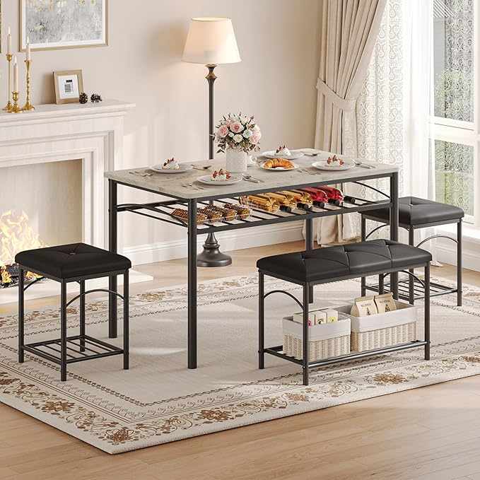 GarveeHome Dining Table Set for 4 with Upholstered Benches and 2 Stools, Modern Space Saving Kitchen Breakfast Table, Ideal for Small Kitchens, Apartments, Studios, and Compact Living Spaces - Image 2