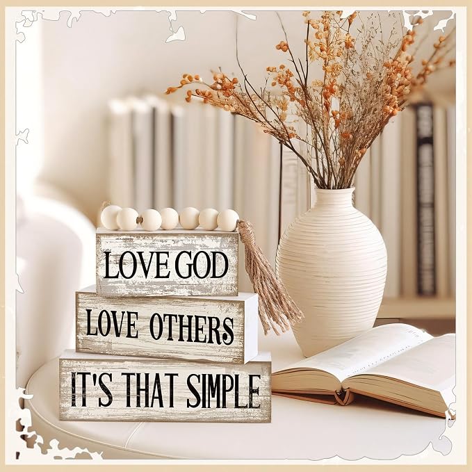 Moucuny 4 Pcs Christian Table Decor Rustic Wooden Block Sign Set with Love God Love Others It's That Simple Farmhouse Stacked Decor with Beaded Garland Tassel Christian Home Decorations for Home Shelf - Image 6
