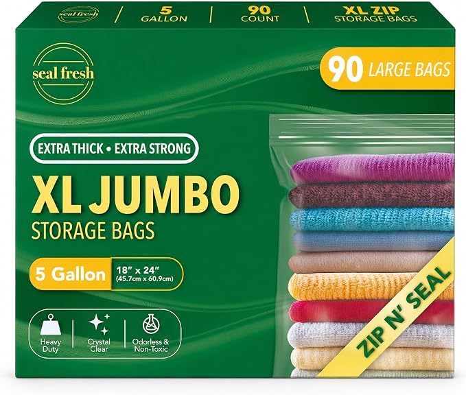Seal Fresh 5 Gallon Large Plastic Storage Bags – 18" x 24" (90 Count) – Reusable XXL Extra Large Clear Jumbo Zip Bags with Sealable Zipper Top For Clothes, Travel, Moving by SealFresh