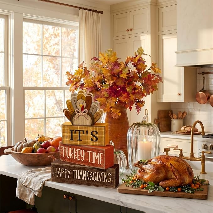 Moucuny 4 Pcs Fall Decorations for Home Wooden Turkey Decor Thanksgiving Tiered Tray Decor Thanksgiving Table Centerpiece Rustic Wooden Turkey Time Block Sign for Autumn Harvest Party Kitchen Shelf - Image 4
