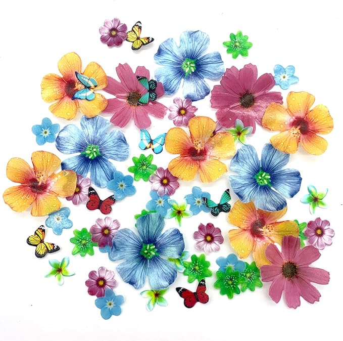 Weraru 58Pcs Edible Butterfly and Flowers Cake Topper Cupcake Toppers Wedding Themed Party Birthday Cake Decoration Mixed Size & Colour by Weraru
