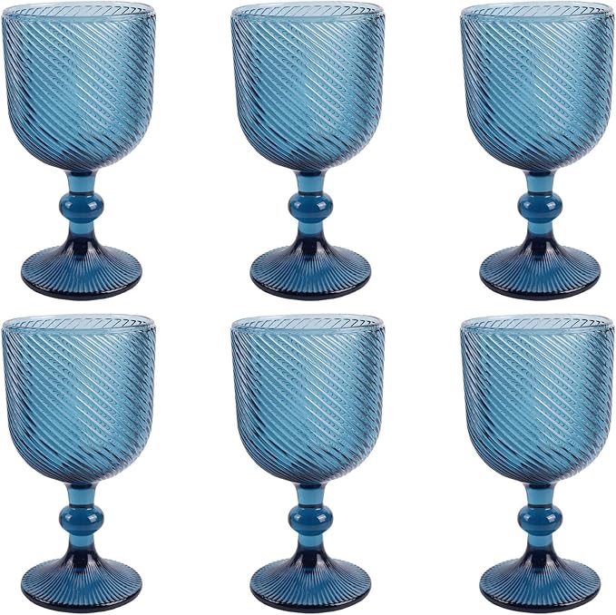 Taganov Blue Water Goblets Glassware Vintage Wine Glasses set of 6 Stem Glasses Drinking Stemware 12 Ounces for Wedding Party Bar Twill pattern 350 ml by Taganov