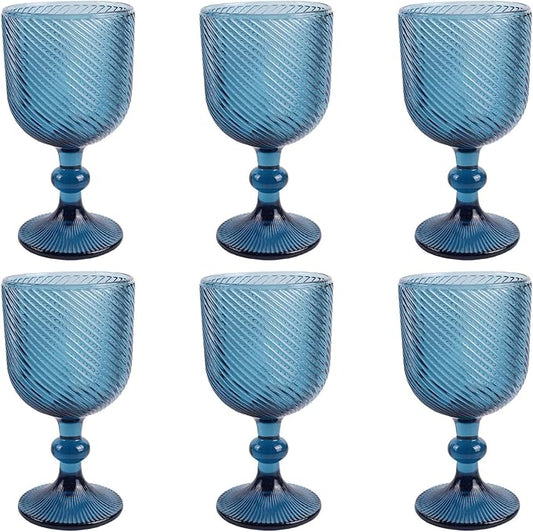Taganov Blue Water Goblets Glassware Vintage Wine Glasses set of 6 Stem Glasses Drinking Stemware 12 Ounces for Wedding Party Bar Twill pattern 350 ml by Taganov