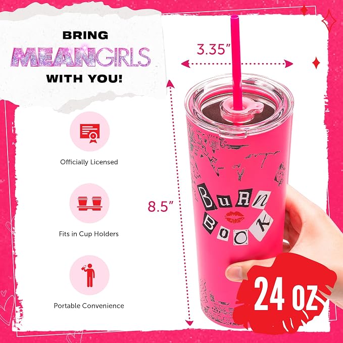 Dragon Glassware x Mean Girls Burn Book Tumbler with Straw & Lid, 24 oz | Vacuum Insulated Stainless Steel Tumbler with Straw & Lid; Double Walled Tumbler; Official Mean Girls Cup - Image 2