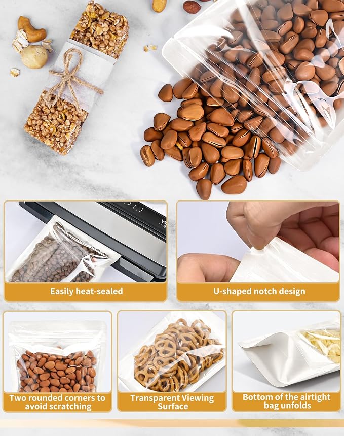 FireKylin 100 PCS Stand Up Pouches,7.1" x 10.2" Paper Bags With Window Clear Front Pouches Resealable Zipper Food Storage White - Image 3