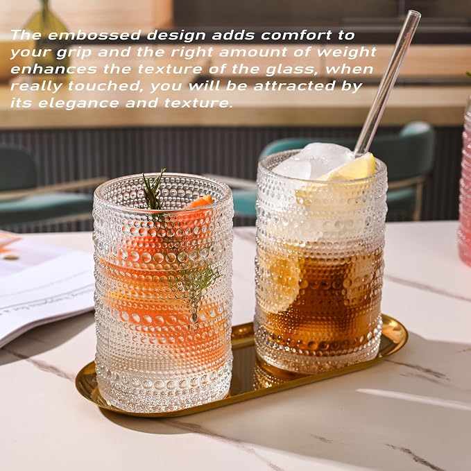 KMIGRUAN Hobnail Drinking Glasses with Straws 15oz Vintage Glassware Set of 6 Embossed Vintage Water Cups, Highball Glasses for Cocktail,Whiskey,Beer and Juic - Image 3