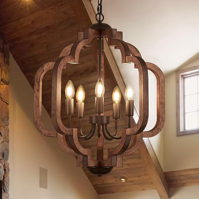 20.5" Farmhouse Vintage Chandelier 5-Light for Dining Room Rustic Handmade Wood Hanging Ceiling Pendant Light Fixture for Entryway Brown Retro Chandeliers for Kitchen Bedroom Foyer Hallway - Image 9