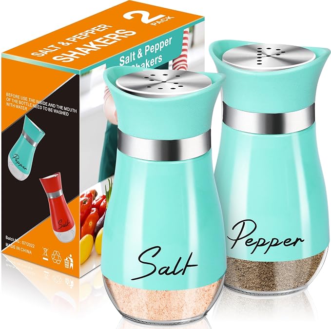 Salt and Pepper Shakers - 2-Piece 4 oz Cyan-Blue Glass Set with Steel Lids | Refillable Glass Shakers with Stainless Steel Lids for Cooking, Dining, RV Trips, Camping and BBQs; 4 oz Capacity Each. by ARROZON