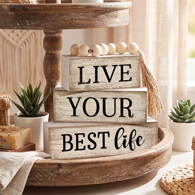 Moucuny 4 Pcs Farmhouse Table Decor Inspirational Wooden Signs Rustic Beaded Wooden Block Gift Sign Live Your Best Life Farmhouse Table Centerpiece for Living Room Housewarming Gift - Image 5