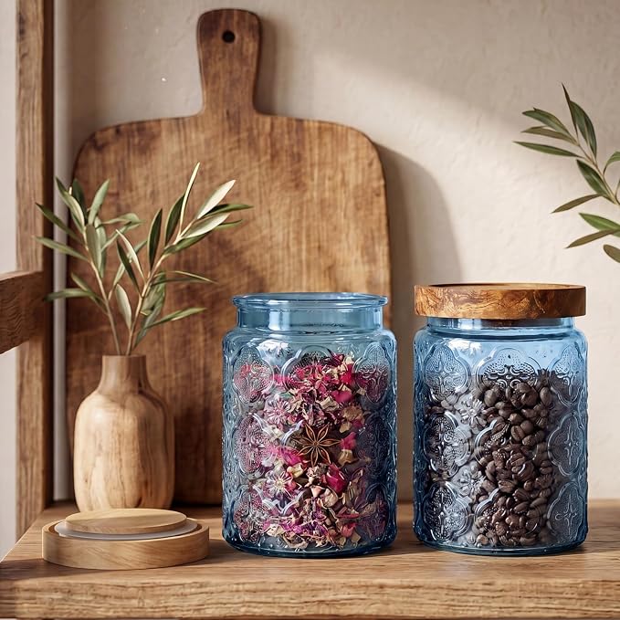 LemonRoad 2 Pcs Vintage Blue Glass Storage Jars 23.7 oz Mason Jar Canister with Wood Lids Food Storage Container for Cookie, Pantry, Candy Kitchen, Coffee, Tea, Flour, Sugar, Decorative Home Decor - Image 6
