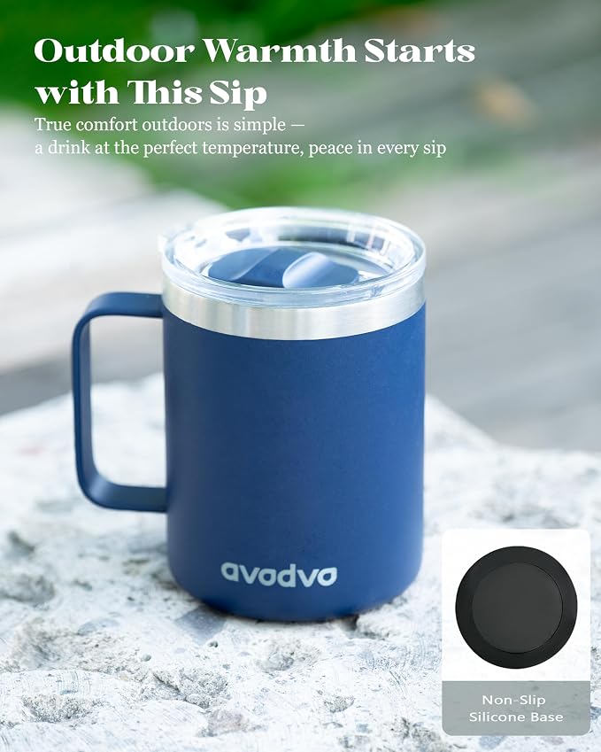 12oz Insulated Coffee Mug with Lid – Includes Two Lids, Stainless Steel Coffee Travel Mug with Handle, Double Wall Vacuum Insulated Camping Mug for Home, Office & Outdoor, Navy Blue - Image 6