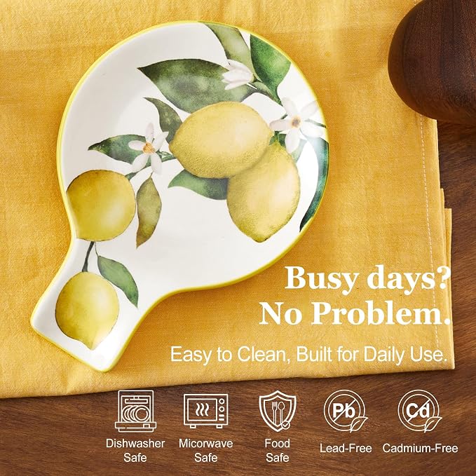 Bico Lemon Dreams Spoon Rest for Stove Top, Ceramic Spoon Holder for Kitchen Counter, Easy to Clean Coffee Spoon Rest Dishwasher Safe, Kitchen Cooking Utensil Rest for Ladles Spatula - Image 8