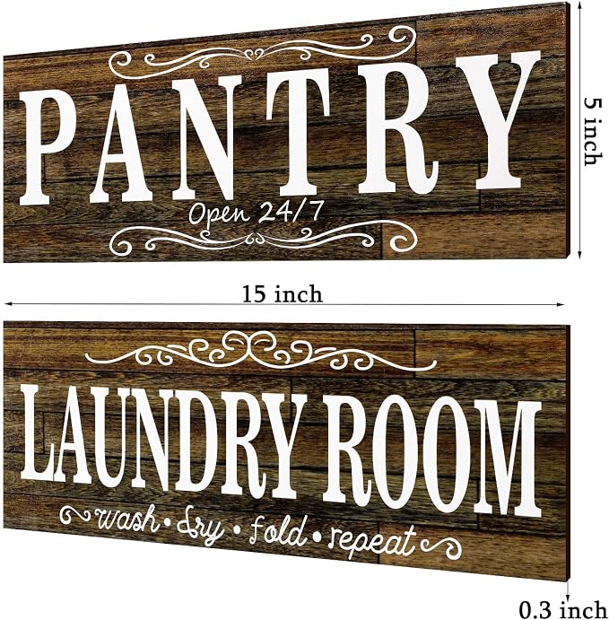 Jetec 2 Pcs Pantry Signs Wall Decor Wooden Laundry Room Signs Farmhouse Laundry Pantry Room Door Sign Wood Rustic Retro for Kitchen Home, 15 x 5 Inches(Brown) - Image 2