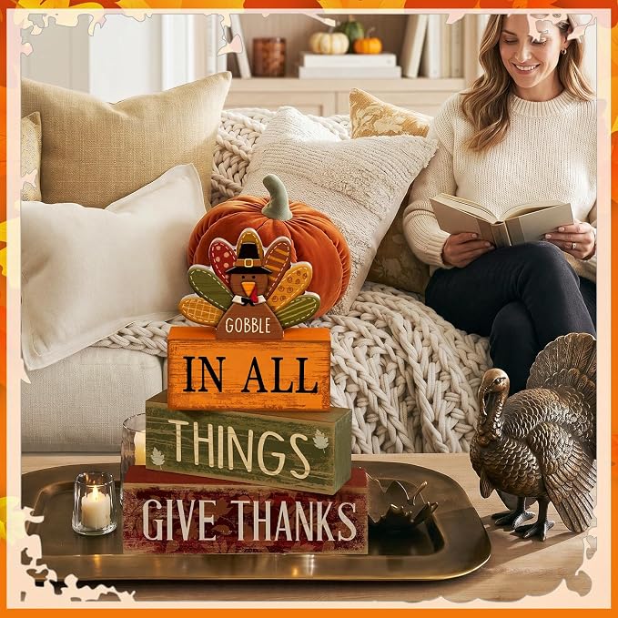 Moucuny 4 Pcs Fall Decorations for Home Wooden Turkey Decor Thanksgiving Tiered Tray Decor Thanksgiving Table Centerpiece Rustic Wooden Gobble Turkey Block Sign for Autumn Harvest Party Kitchen Shelf - Image 4