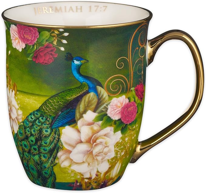 Christian Art Gifts Blue Peacock Ceramic Coffee Mug with Gold Accents – 14 oz. Lead and Cadmium-free Inspirational Scripture Coffee and Tea Mug for Women & Men with Bible Verse: Blessed –Jeremiah 17:7 by ChristianArtGifts