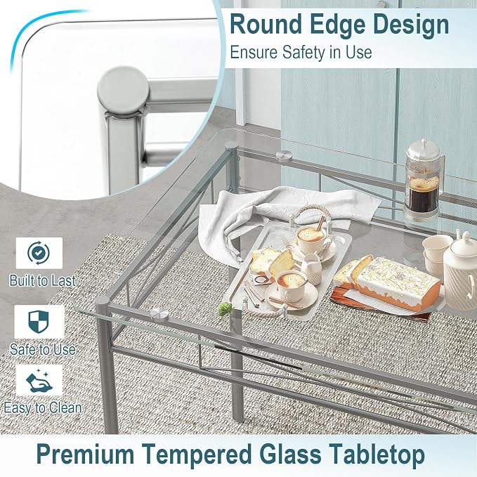 Giantex 5 Piece Dining Table Set, Kitchen Dining Set with Tempered Glass Table Top and 4 Chairs, Dinette Set for 4 for Breakfast Nook Dining Room Kitchen (Transparent) - Image 4