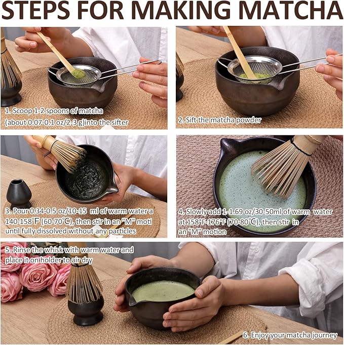 Joyscale Matcha Whisk Set, Matcha Set Whisk And Bowl, 8 Pcs Matcha Kit Set(Retro Design), 16 OZ, Japanese Matcha Tea Set, Matcha Making Kit Gifts for Tea Lovers(Bronze)