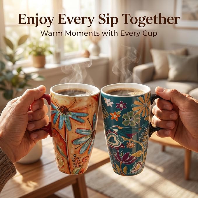 Topadorn Set of 2 Ceramic Travel Mugs with Lid, 17oz Ceramic Coffee Mug | Colorful Folk Art Floral & Bird Design, Microwave & Dishwasher Safe, Gift Boxes Included - Image 2