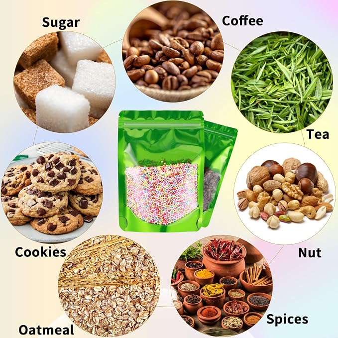 150 Pcs Mylar Bags for Food Storage, 5x8 Mylar Bag with Window Stand Up, Small Holographic Resealable Bags Smell Proof Bag Food Packaging for Small Business Freeze Dried Candy Jewelry Foil Packaging - Image 4