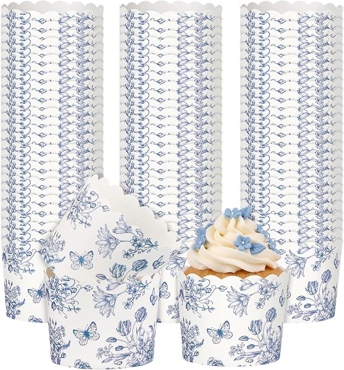 Qinyoung 150 Pcs Blue Floral Cupcake Wrappers Liners Blue White Chinoiserie Wildflower Paper Baking Cups Disposable French Vintage Cupcake Muffin Cases for Wedding Baby Shower Birthday Tea Party Decor by Qinyoung