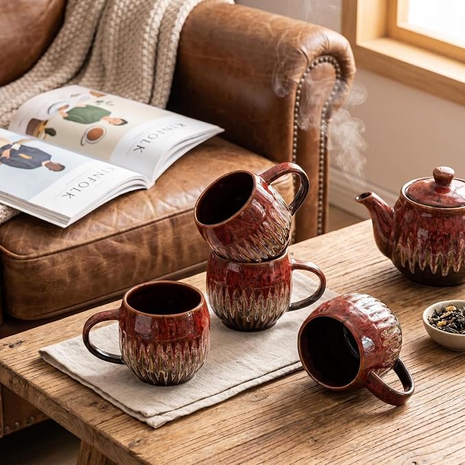 Large Ceramic Coffee Mug - 13oz Tea Cup, Red, Set of 4 | Large Tea Mug, Microwave Safe, Dishwasher Safe - Image 4