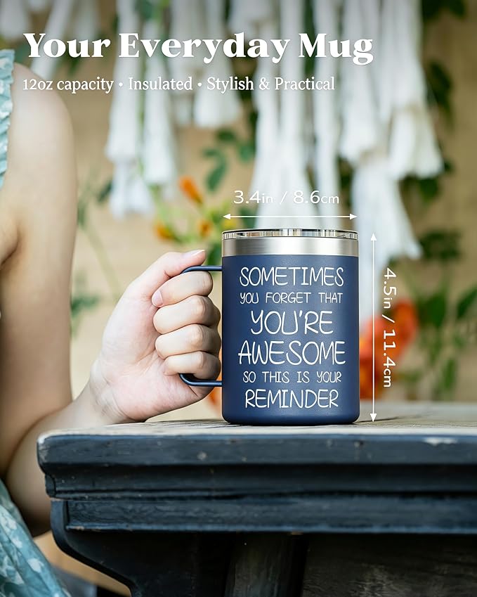 Inspirational Coffee Mug for Men, 12oz Insulated Stainless Steel Mug with Handle & 2 Lids – Sometimes You Forget You’re Awesome, Birthday & Appreciation Gift for Dad, Husband, Him, Navy Blue - Image 2
