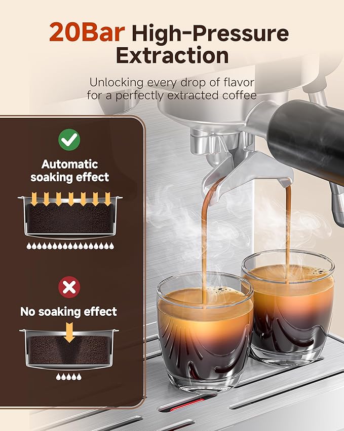 AMZCHEF Espresso Machine With Grinder, Temp Control, 44 Grind Settings | Hot & Cold Brew, Cappuccinos & Lattes, Built-in Grinder, Milk Frother, Touch Screen, Easy to Clean, Compact Design, Silver - Image 3