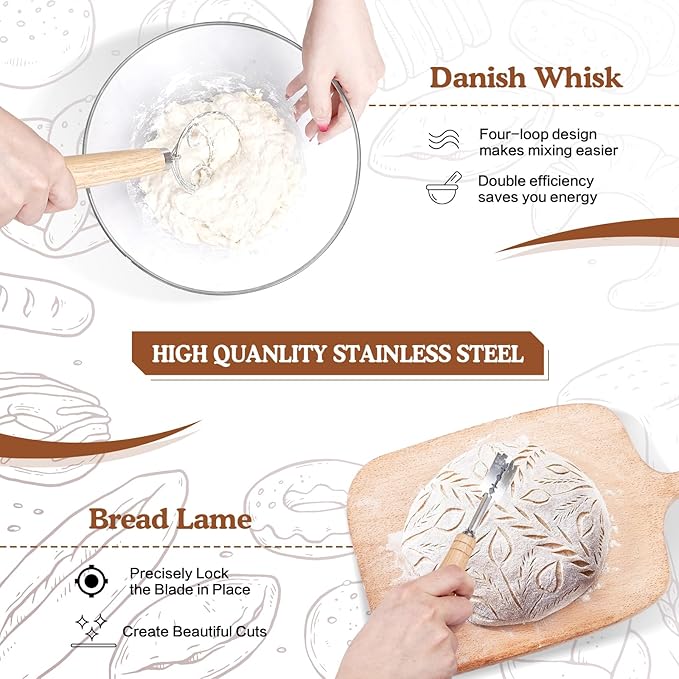 Sourdough Starter Kit, 9'' Round Banneton Proofing Basket, 36oz Sourdough Starter Jar, Bread Lame, Dough Scraper, Dough Whisk & Silicone Bread Sling
