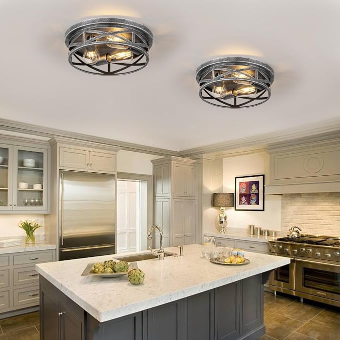 Close to Ceiling Light Fixtures, 3-Lights Cage Flush Mount Ceiling Light, Black and Silver Farmhouse Metal Semi Flush Mount Ceiling Light for House Hallway Kitchen Bedroom, 2 Pack - Image 4