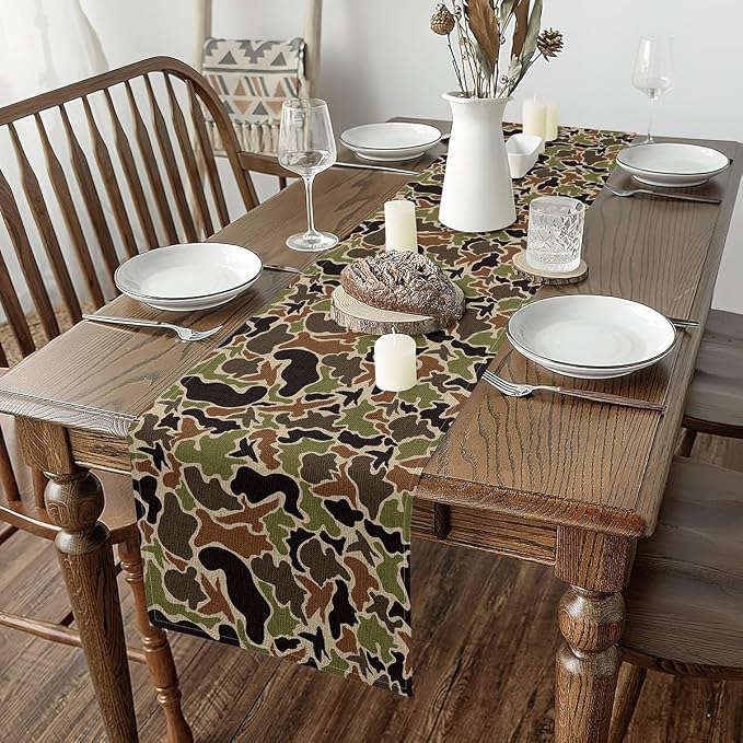 13" x 108" Duck Camouflage Table Runner Boys Girls Camo Hunting Kitchen Dining Decoration for Home Party for Kids Military Style Home Decor for Living Room Dresser Scarfs for Bedroom Green Brown - Image 2