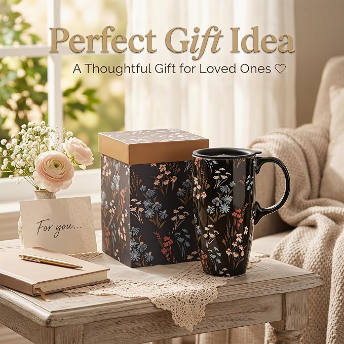 Topadorn 17oz Ceramic Travel Mug with Lid, Cottagecore Wildflower Cup | Large Ceramic Coffee Mug • Meadow Floral Design • Comfortable Handle • Microwave & Dishwasher Safe • Gift Box - Image 5