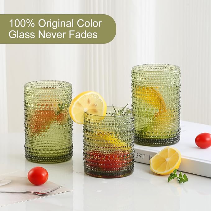 ZMOWIPDL Drinking Glasses Set of 12,Green 12oz & 15oz Hobnail Glass Cups | Vintage Glassware，Embossed Water Tumbler,for Beer,Cocktail,Whiskey,Juice and Various Mixed Drinks- 1 Cleaning Brush - Image 3