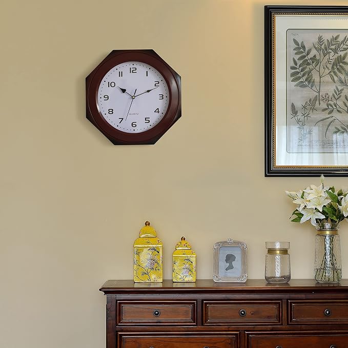 Clockswise Quickway Imports Brown Modern Decorative Octagon Shaped Wood- Looking Plastic Wall Clock for Living Room, Kitchen, or Dining Room - Image 2