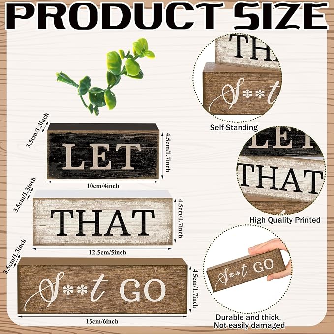 Moucuny 4 Pcs Bathroom Shelf Decor Sign Farmhouse Bathroom Decor and Accessories Rustic Eucalyptus Leaves Wood Block Sign Gift Let That Shit Go Funny Farmhouse Table Centerpiece for Home Office Toilet - Image 3
