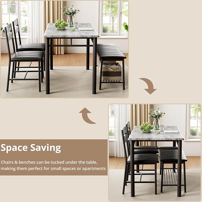 IRONCK Dining Table Set for 4, Kitchen Table and Chairs Set, Gray | Kitchen Table with Upholstered Bench and 2 Chairs for Small Space, Apartment - Image 6