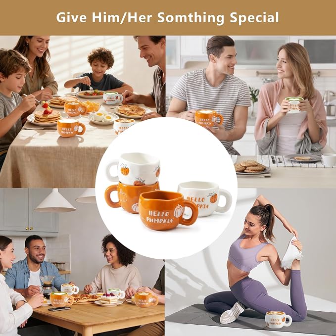 4pcs Ceramic Mugs Set, 9.4OZ Cute Coffee Cup Set, Hello Pumpkin Design, Dishwasher Safe, Gift for Fall/Halloween/Thanksgiving (Pumpkin) - Image 8