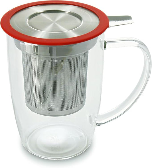 FORLIFE NewLeaf Glass Tea 16-Ounce Mug with Infuser and Lid, Red
