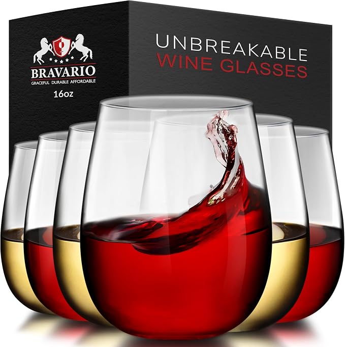 Bravario Unbreakable Stemless Plastic Wine Glasses | Reusable | Shatterproof 100% Tritan Plastic | Dishwasher-Safe | BPA-free | Awesome for Indoor & Outdoor | 16 oz, Set of 6 by Bravario